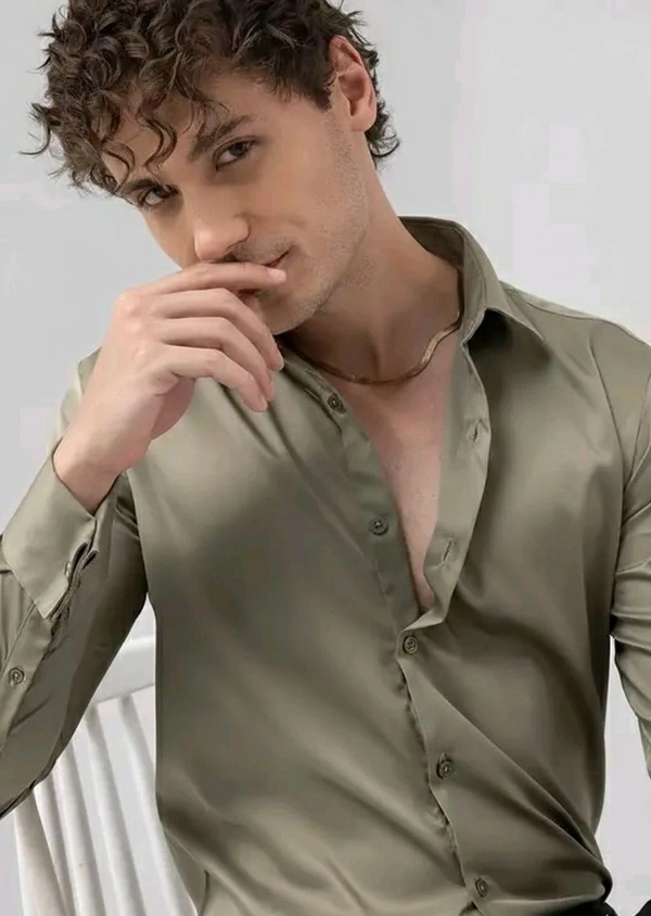 Men Relaxed Fit Satin Shirt - L, Olive