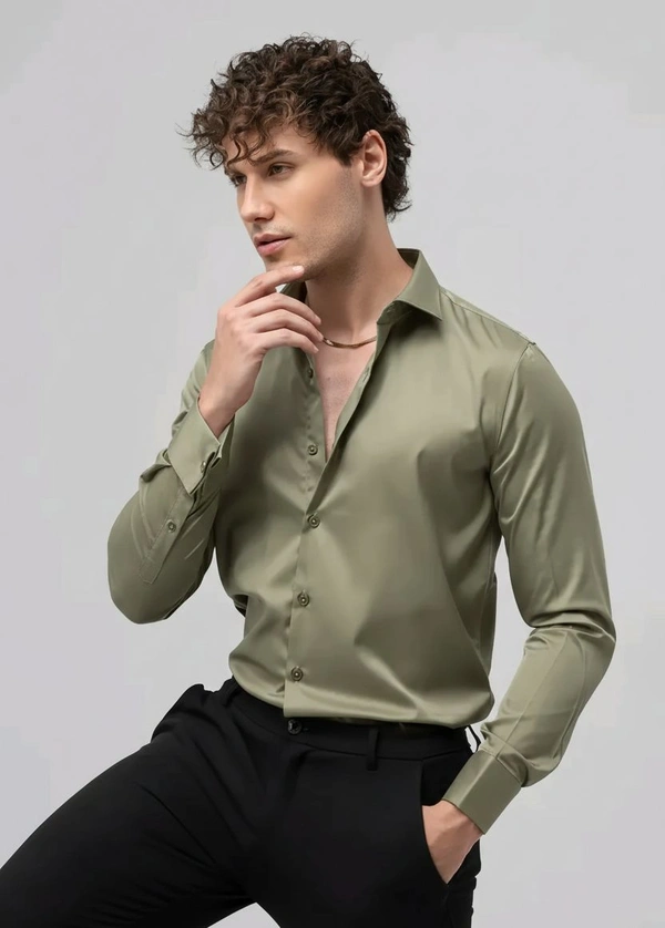 Men Relaxed Fit Satin Shirt - XXL, Olive