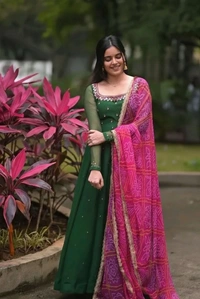 Georgette Gown With Printed Dupatta Set - S, Green