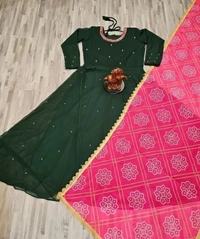 Georgette Gown With Printed Dupatta Set - S, Green