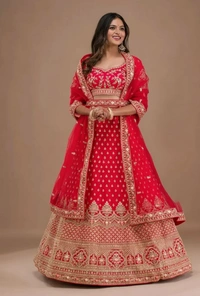 Lehenga Choli Satin Silk Blend - Semi Stitched, Red