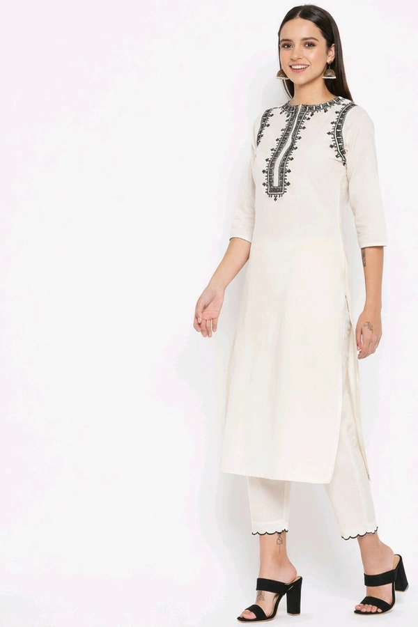 Women's Off-White Embroidered kurta And Pant Set - L, Beige