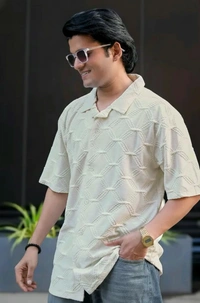 JUMP CUT Grid Textured Collared Neck Half Sleeve Shirt For Men - S, White