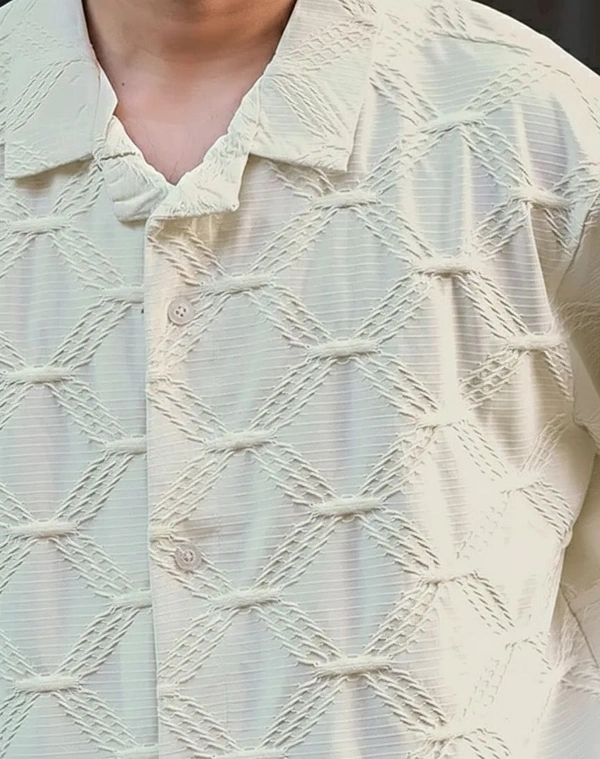 JUMP CUT Grid Textured Collared Neck Half Sleeve Shirt For Men - M, White