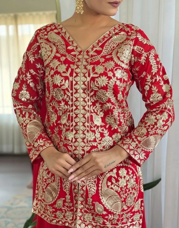 MATE FASHION Chain Kurti Plazo And Dupatta Set - M, Red