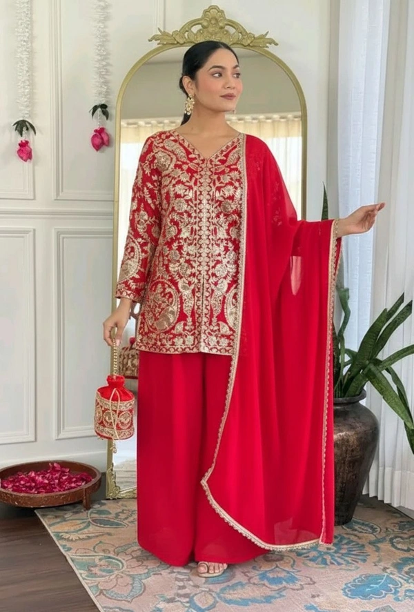 MATE FASHION Chain Kurti Plazo And Dupatta Set - L, Red