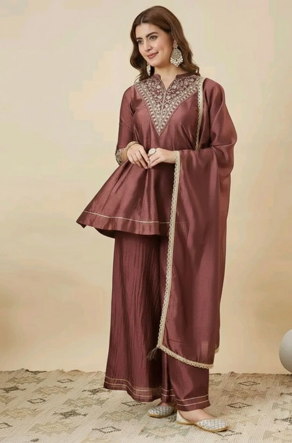 Flared Embroidered Kurti Palazzo And Dupatta Set - XL, Brown