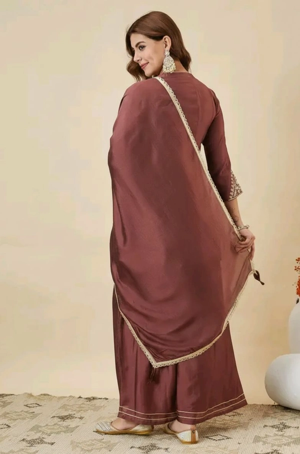 Flared Embroidered Kurti Palazzo And Dupatta Set - XL, Brown