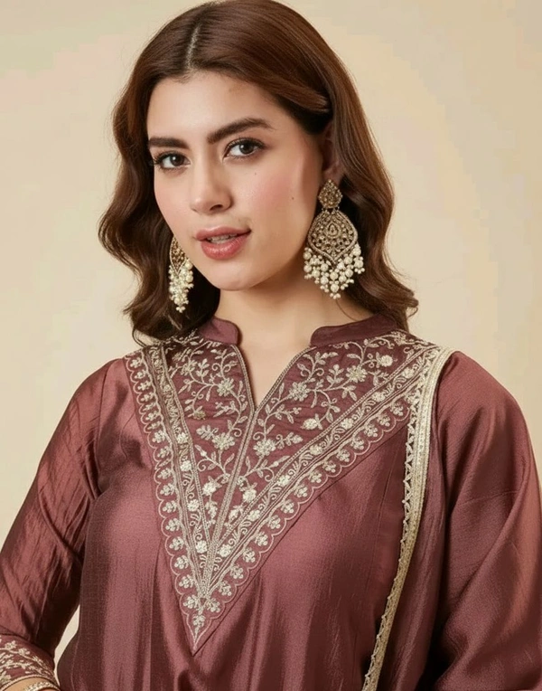 Flared Embroidered Kurti Palazzo And Dupatta Set - XL, Brown