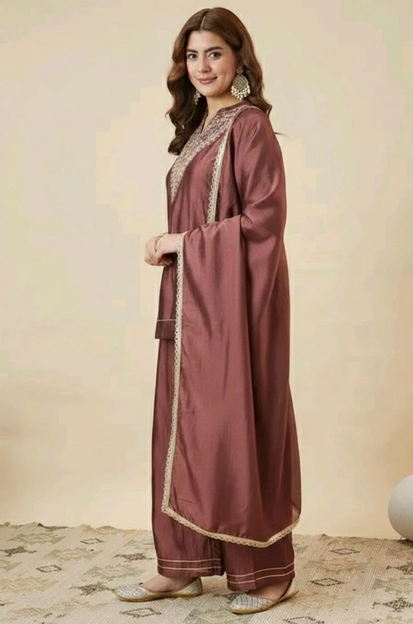 Flared Embroidered Kurti Palazzo And Dupatta Set - XL, Brown