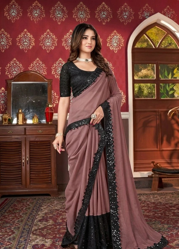 PARVEENA DESIGNER Georgette Saree With Blouse Piece - Pastel Brown