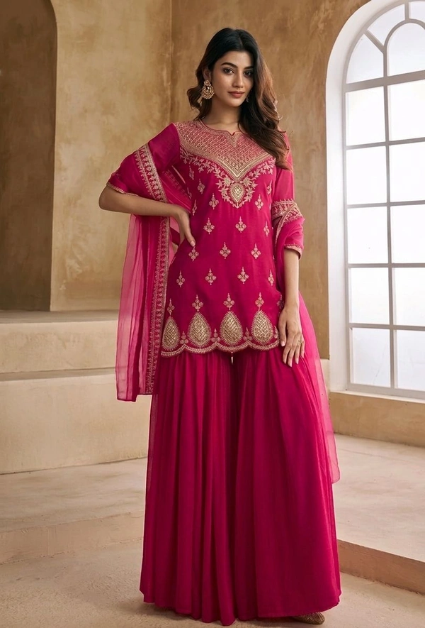 Sequins Embroidered Kurta And Sharara With Dupatta Set - S, Pink