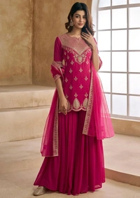 Sequins Embroidered Kurta And Sharara With Dupatta Set - S, Pink