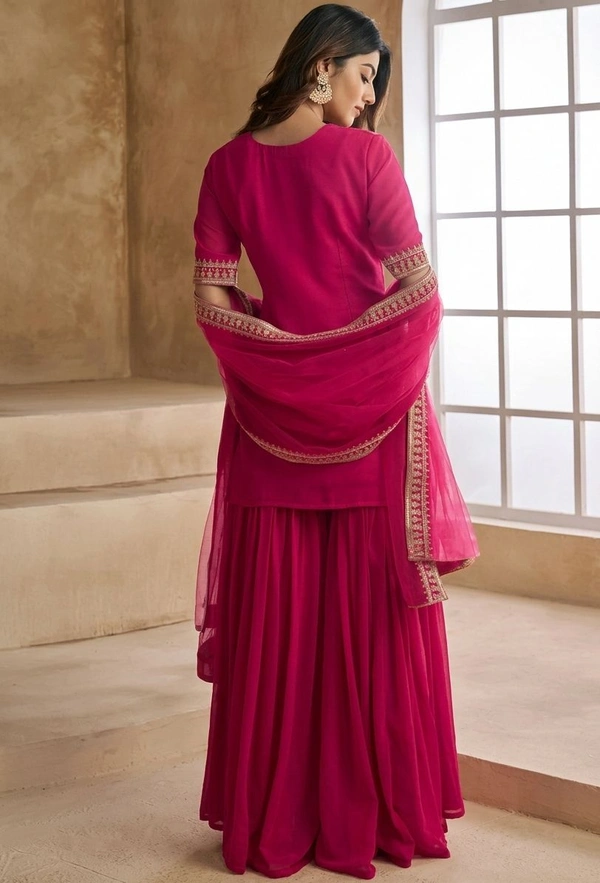 Sequins Embroidered Kurta And Sharara With Dupatta Set - S, Pink