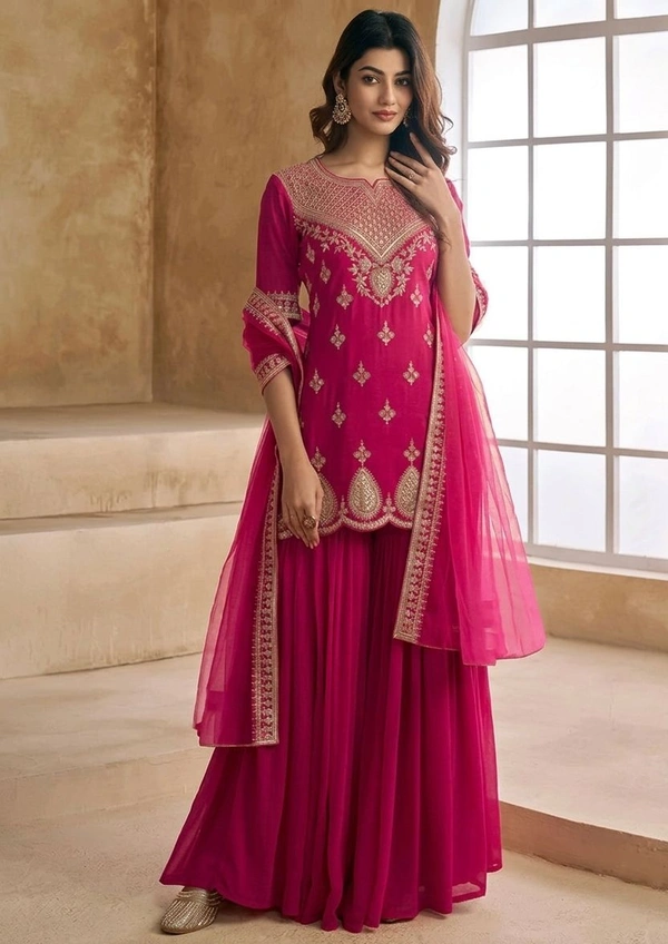 Sequins Embroidered Kurta And Sharara With Dupatta Set - L, Pink