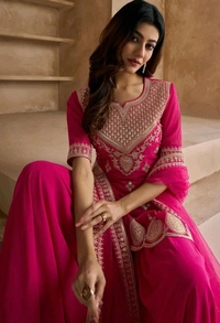 Sequins Embroidered Kurta And Sharara With Dupatta Set - L, Pink