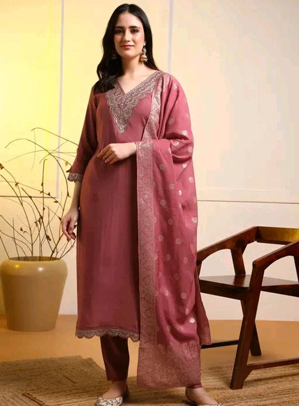 Women Straight Kurta With Jacquard Dupatta Set - L, Pink