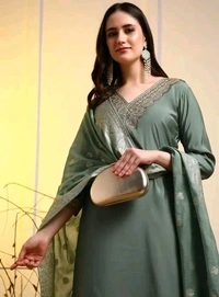 Women Straight Kurta With Jacquard Dupatta Set - XL, olive