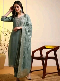 Women Straight Kurta With Jacquard Dupatta Set - XL, olive