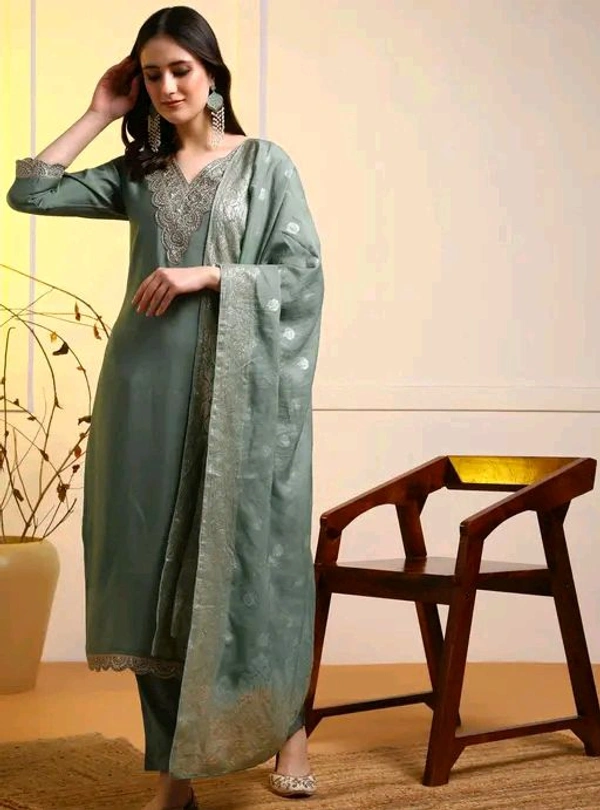 Women Straight Kurta With Jacquard Dupatta Set - XL, olive