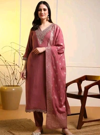 Women Straight Kurta With Jacquard Dupatta Set - XXL, Pink