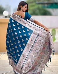 Woven Jacquard Ethnic Style Saree - Free Size, Blue