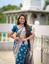 Woven Jacquard Ethnic Style Saree - Free Size, Blue