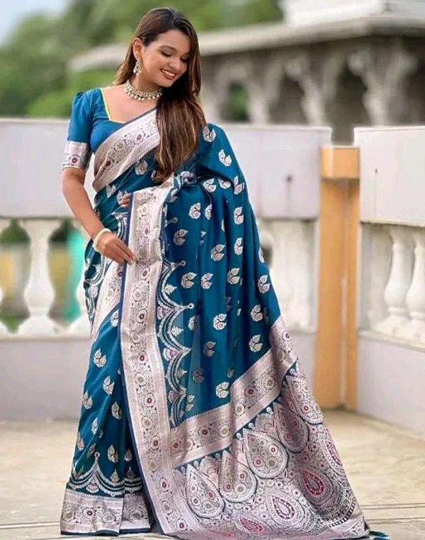 Woven Jacquard Ethnic Style Saree - Free Size, Blue