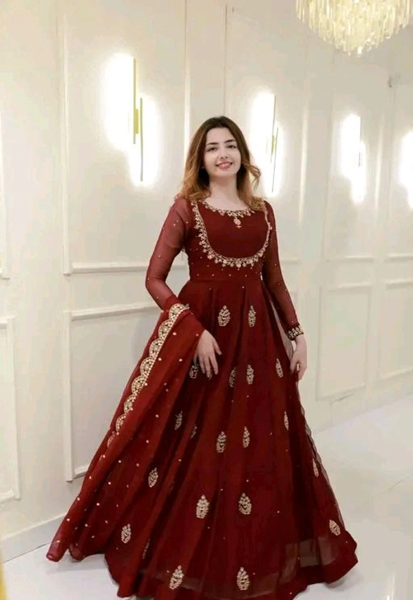Faux Georgette Gown And Dupatta - L, Maroon