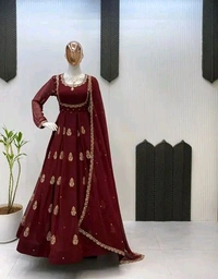 Faux Georgette Gown And Dupatta - XL, Maroon