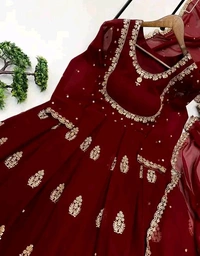 Faux Georgette Gown And Dupatta - XL, Maroon