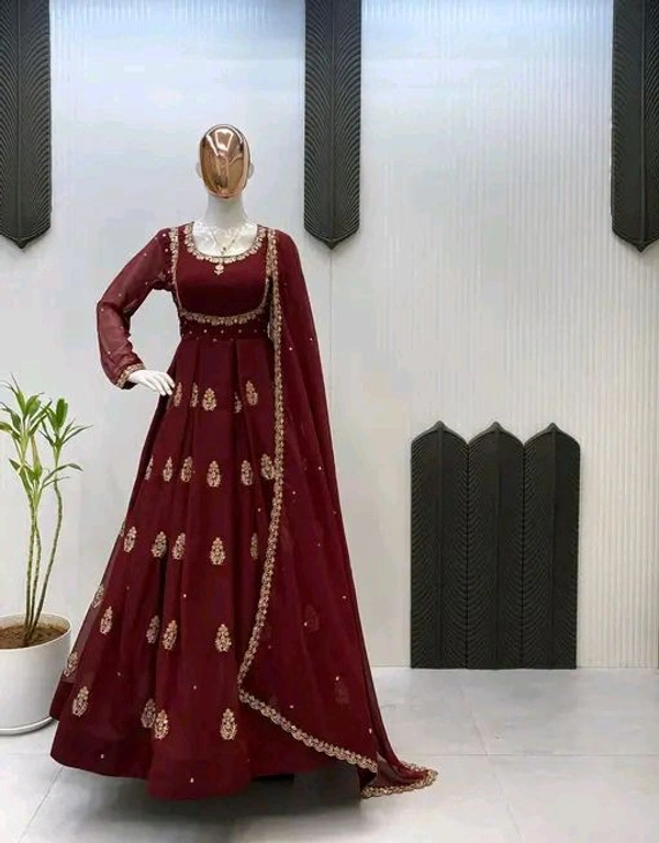 Faux Georgette Gown And Dupatta - XXL, Maroon