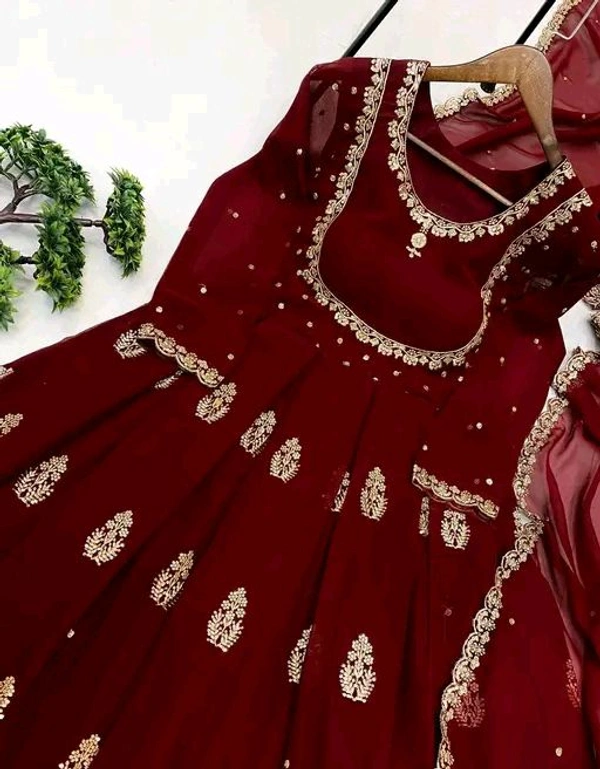 Faux Georgette Gown And Dupatta - XXL, Maroon