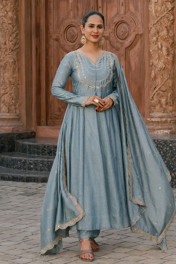 Vichitra Silk Anarkali Gown Pant And Dupatta Set - S, Dusty Blue