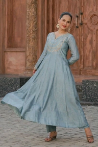 Vichitra Silk Anarkali Gown Pant And Dupatta Set - M, Dusty Blue