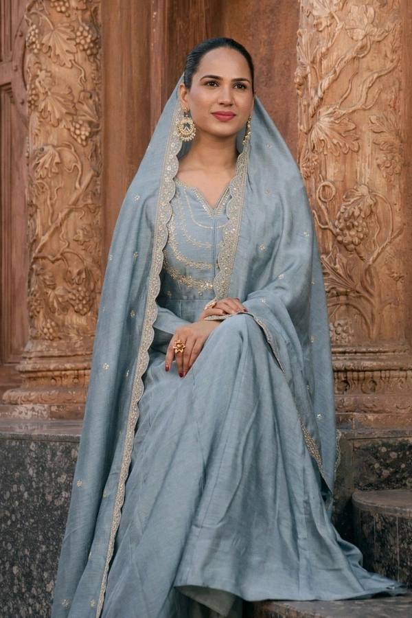 Vichitra Silk Anarkali Gown Pant And Dupatta Set - XXL, Dusty Blue