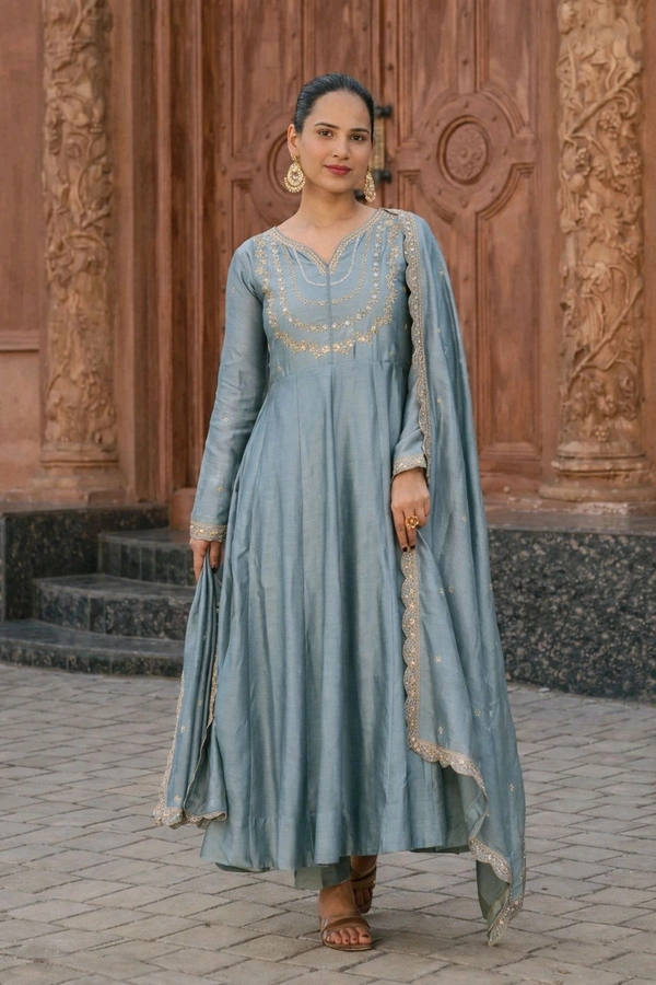 Vichitra Silk Anarkali Gown Pant And Dupatta Set - XXL, Dusty Blue