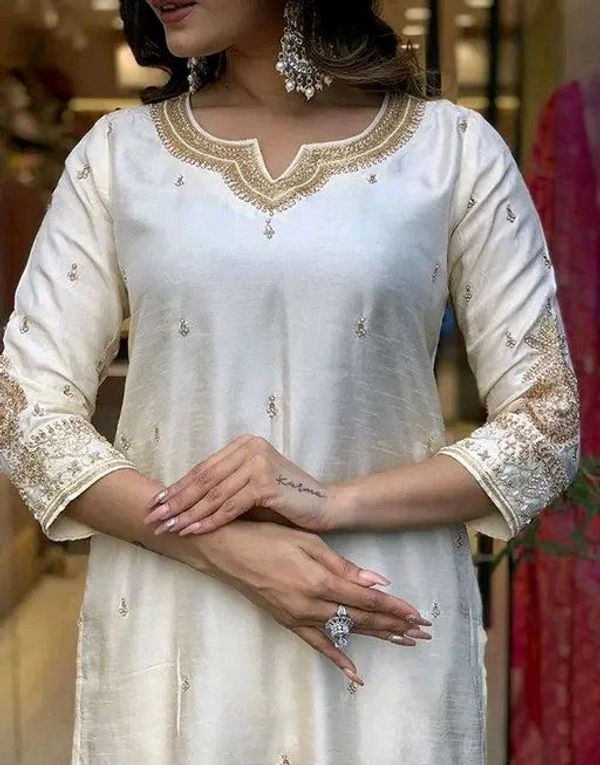 Chanderi Silk Kurti Set For Women - S, White