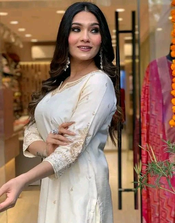Chanderi Silk Kurti Set For Women - L, White