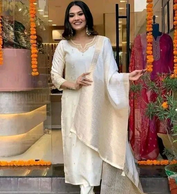 Chanderi Silk Kurti Set For Women - L, White