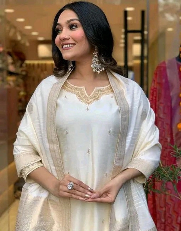 Chanderi Silk Kurti Set For Women - XXL, White