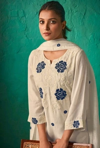 ROKKLIKE Cambric Cotton Straight Kurta Pant With Dupatta Set - M, White