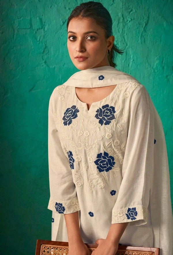 ROKKLIKE Cambric Cotton Straight Kurta Pant With Dupatta Set - L, White