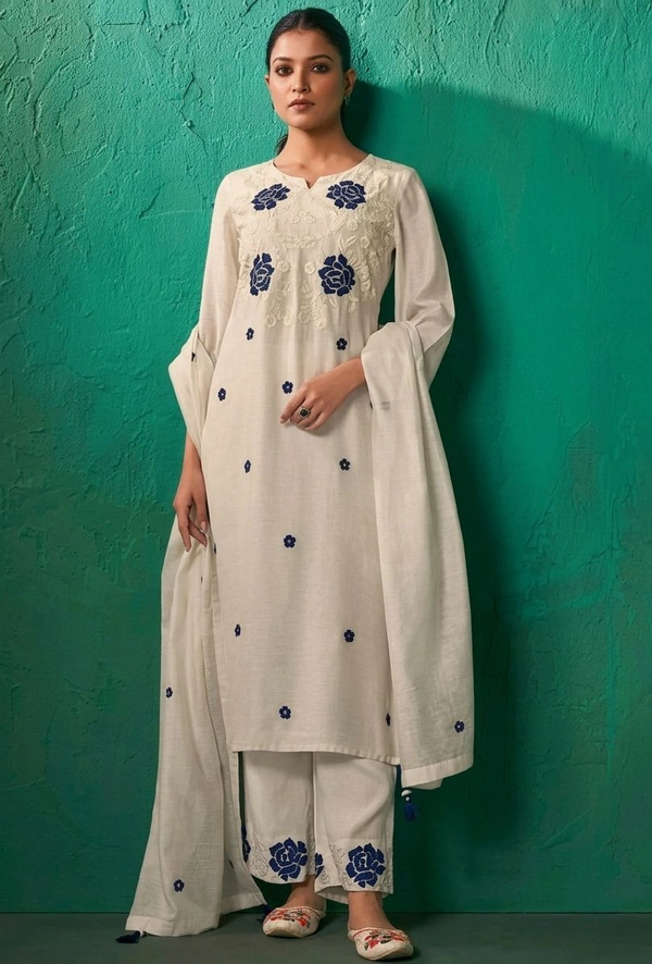 ROKKLIKE Cambric Cotton Straight Kurta Pant With Dupatta Set - XL, White