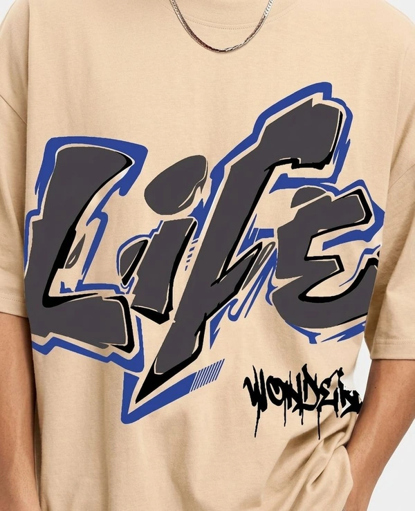 MANIAC Typography Slim Round T-shirt For Men - M, Cream