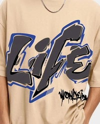 MANIAC Typography Slim Round T-shirt For Men - L, Cream