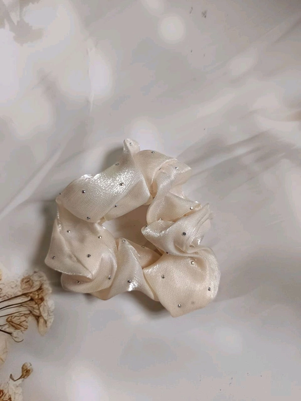 Imported Premium Rich Silk Scrunchie With Stones - White