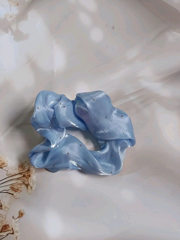 Imported Premium Rich Silk Scrunchie With Stones - Blue