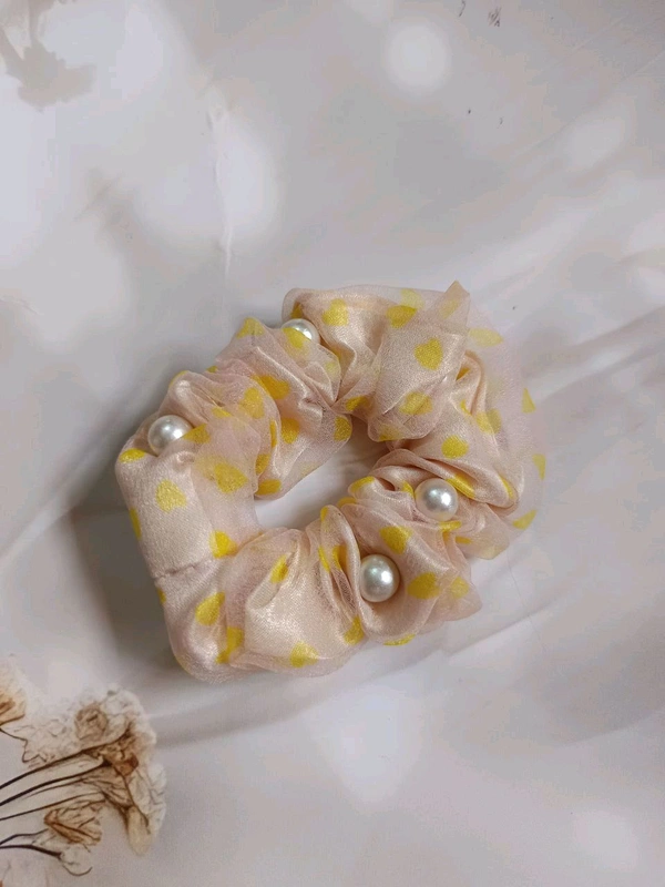 Premium Scrunchie With Double Layer Of Cloths and With Beads - Yellow