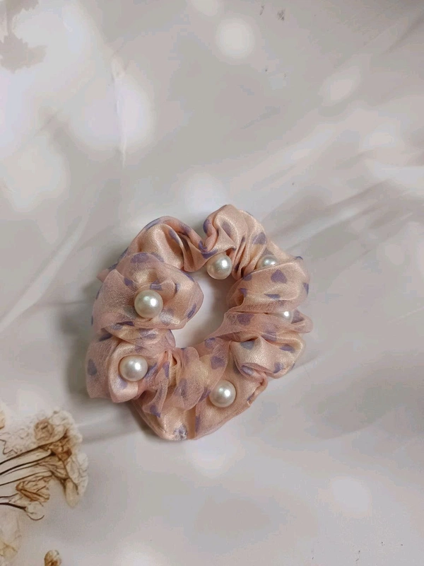 Premium Scrunchie With Double Layer Of Cloths and With Beads - Pink